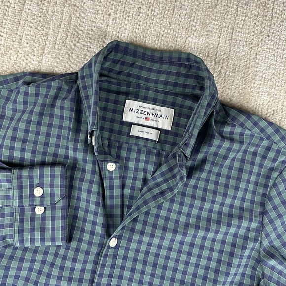 Mizzen+Main Other - Mizzen‎ Main Shirt Men Large Tall Leeward Gingham Check Slim Poly Blend Green